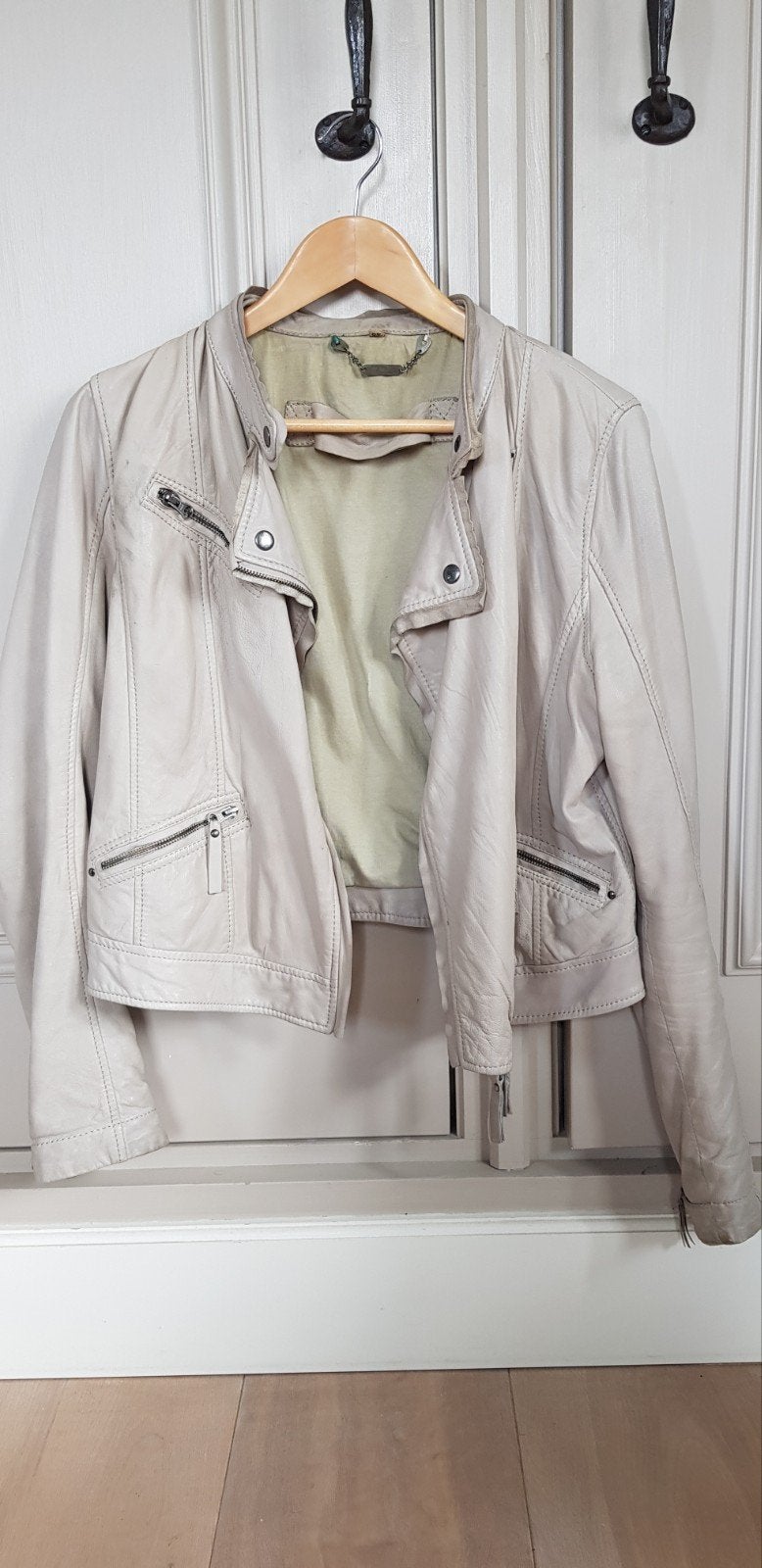 Leren bikerjack in beige - "Vanilia" Maat M, Maat 38/40 (M), Vanilia, Beige, Ophalen of Verzenden