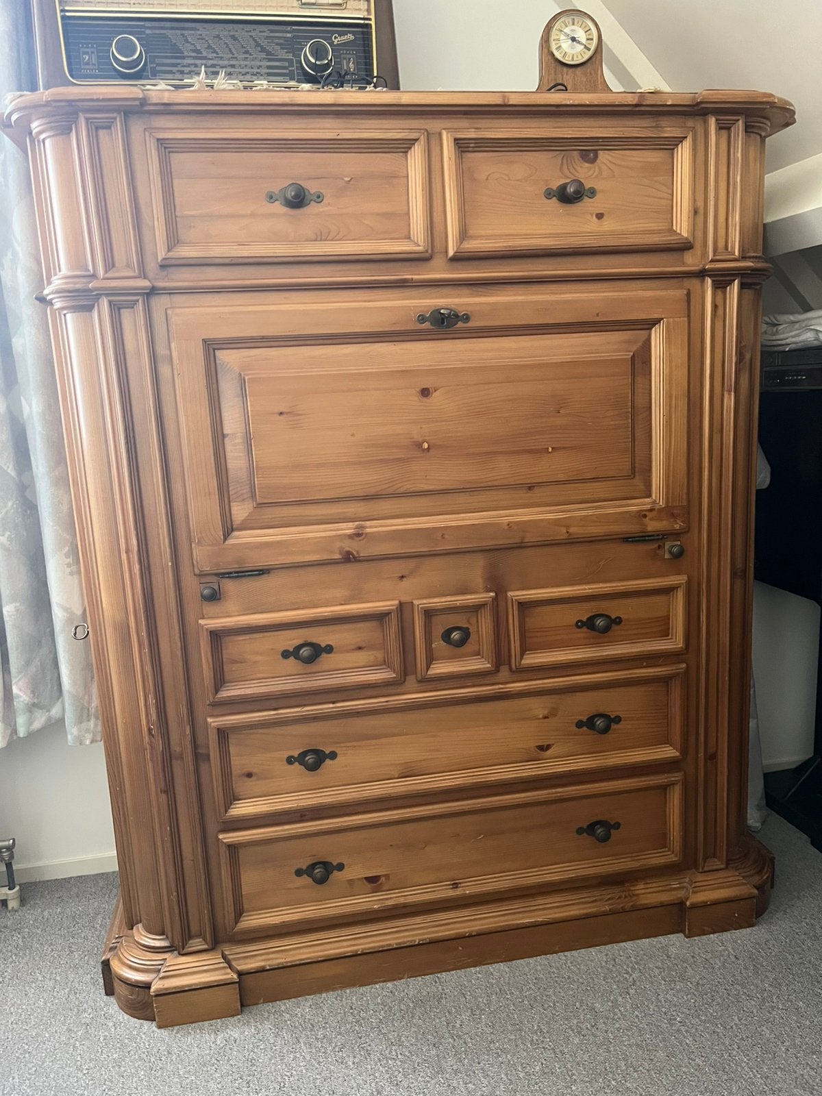 Massief houten computerkast / secretaire, Ophalen, Gebruikt, 100 tot 150 cm, Met lade(s)