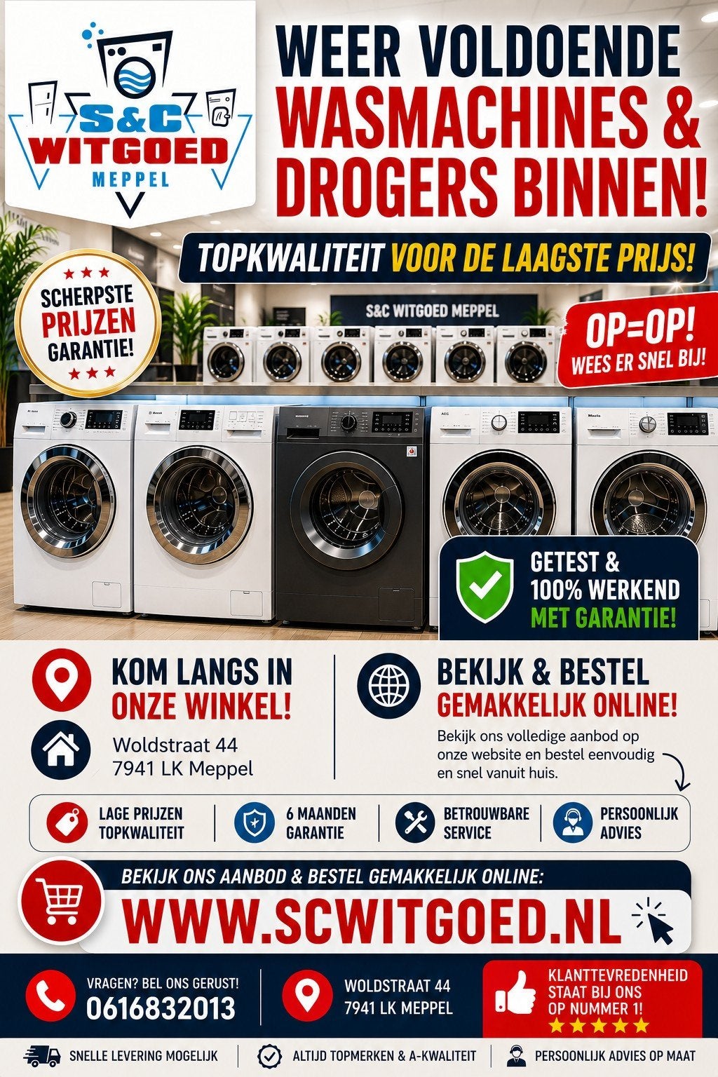 WEER NIEUWE VOORRAAD WASMACHINES EN DROGERS BINNEN!, 6 tot 8 kg, Ophalen, 1200 tot 1600 toeren