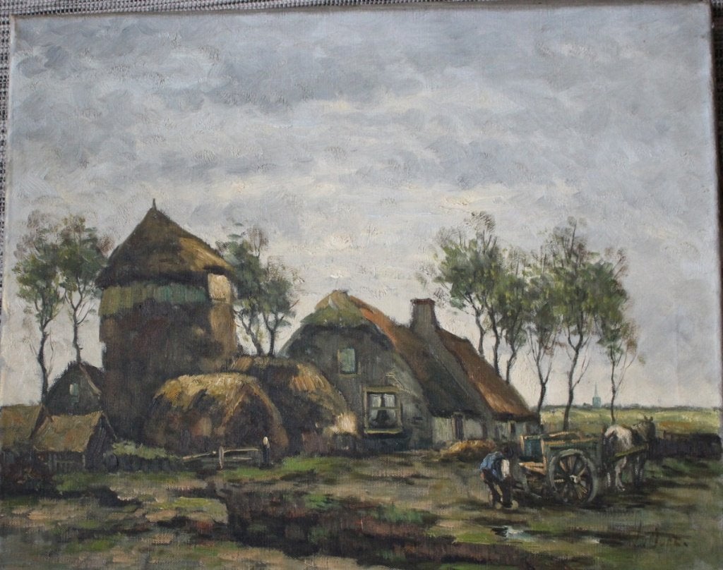 J. van Oort, olieverf op doek ca. 1920., Antiek en Kunst, Kunst | Schilderijen | Klassiek, Gesigneerd, Landschap, Olieverf, Klassiek
