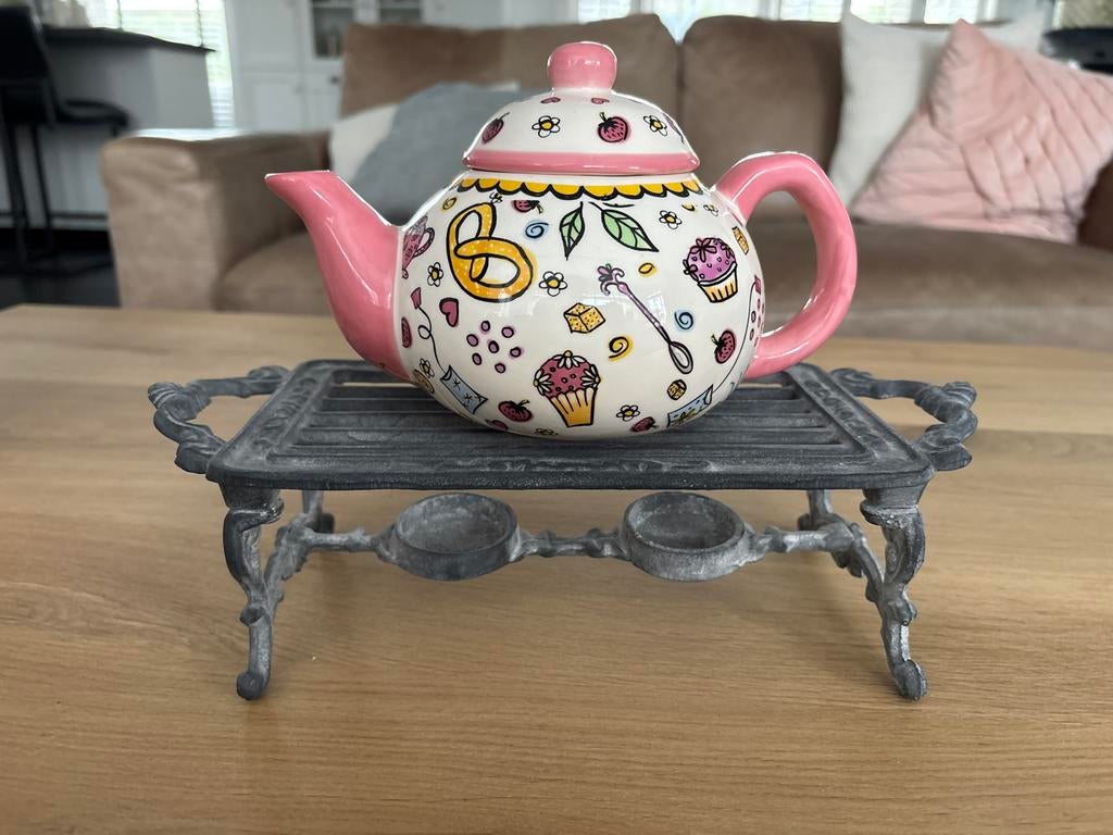Roze theepot met vrolijke Blond Amsterdam achtige print, Ophalen of Verzenden, Gebruikt