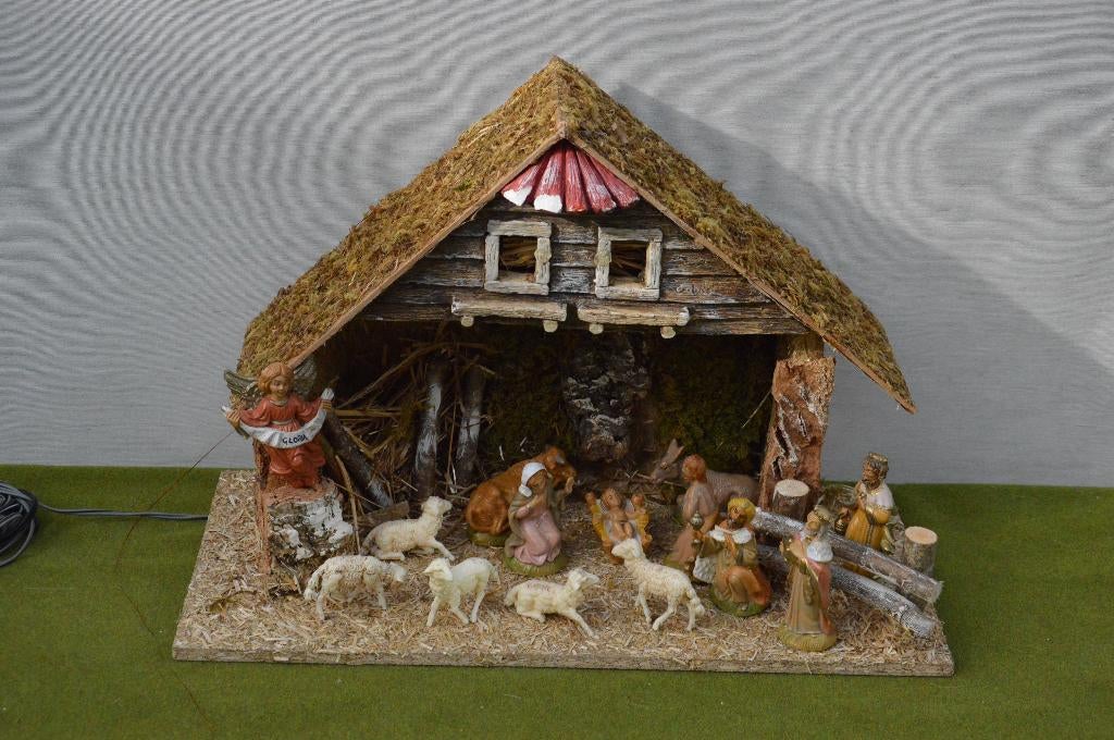 Vintage kerststal met kunststof figuren 14-delig met verlich, Diversen, Ophalen of Verzenden, Gebruikt