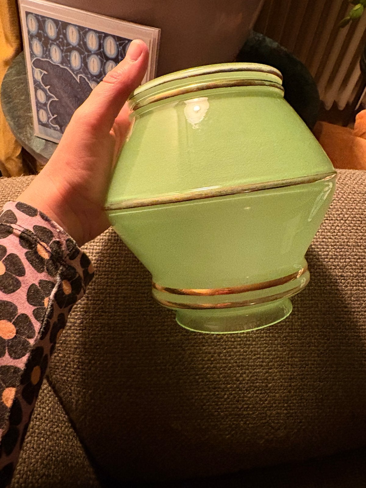 Vintage Groene Glazen Lampenkap met Gouden Randen, Ophalen