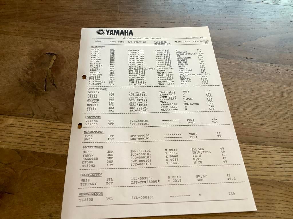 Yamaha code lijst uit 1991. Origineel Yamaha., Verzenden, Yamaha