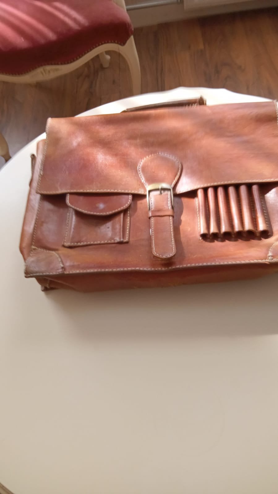Unique Vintage Leren Aktetas Handgemaakte Batik Voering, Bruin, Aktetas of Boekentas, Zo goed als nieuw, Leer