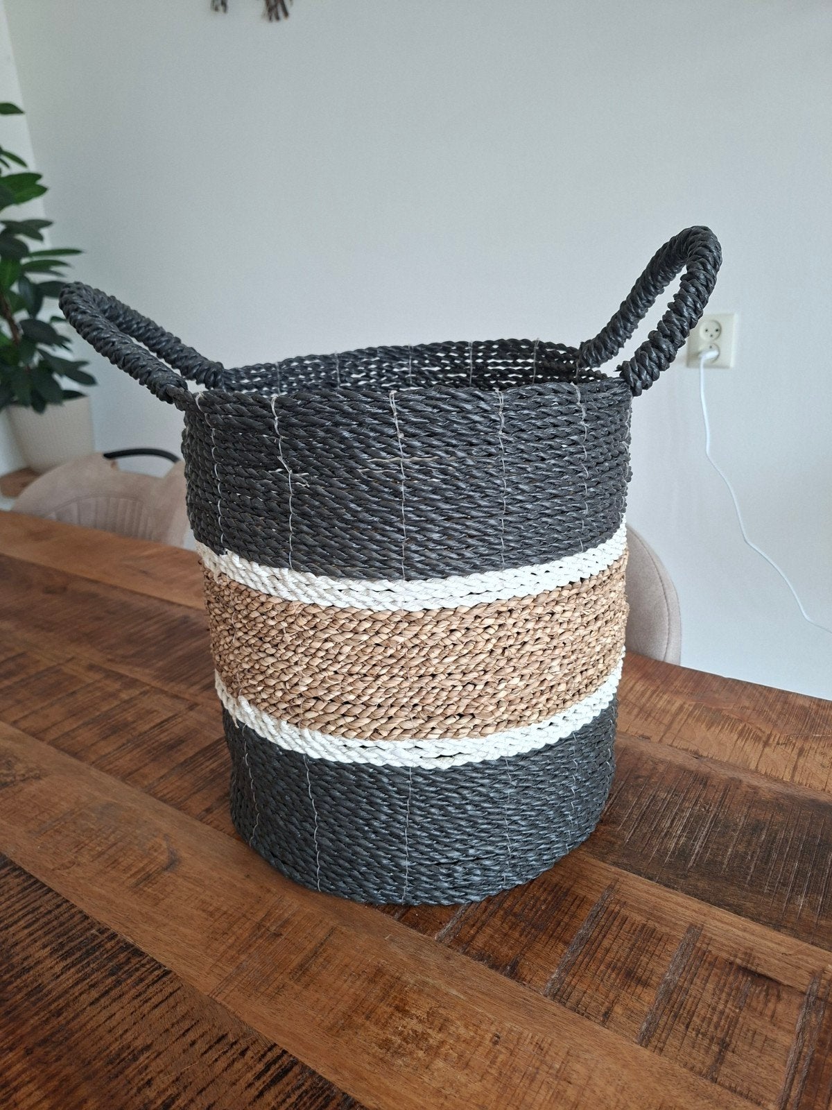 Grote touwmand en 5 sisal, touw bloempotjes, Huis en Inrichting, Met handvatten, Mand, Textiel, Rond
