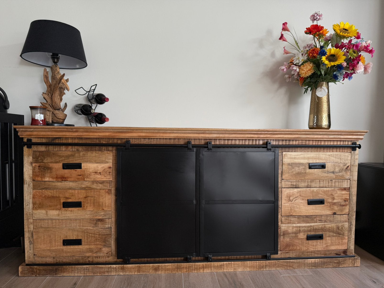 Mangohout meubelset dressoir tv-meubel salontafels, Ophalen, Zo goed als nieuw, 200 cm of meer, Industrieel