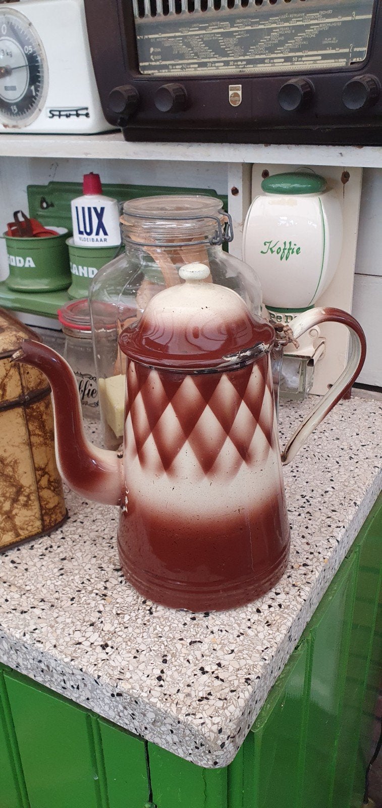 Emaille art deco koffiepot bruin wit, Ophalen of Verzenden