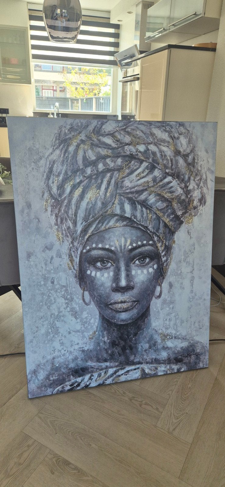Schilderij Afrikaanse Vrouw met Hoofddoek, Doek, Portret of Personen, Realistisch, Ophalen of Verzenden