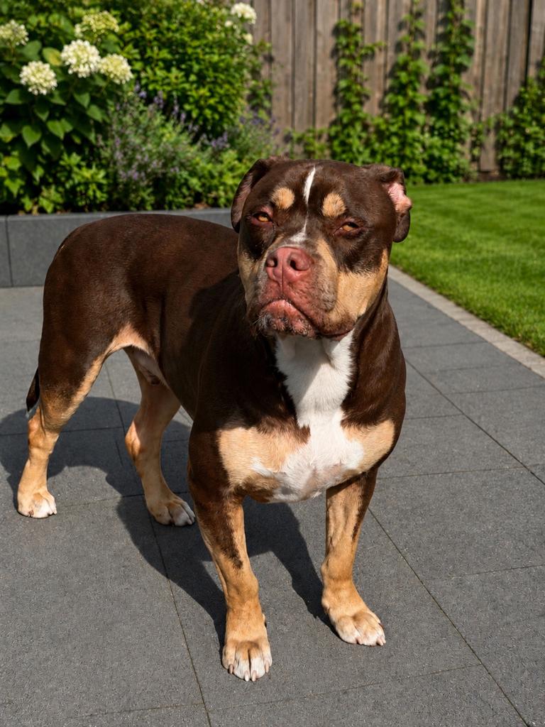 American Bully XL Choco Tri Color, HCC (leverziekte), Reu, 1 tot 2 jaar, Eén hond