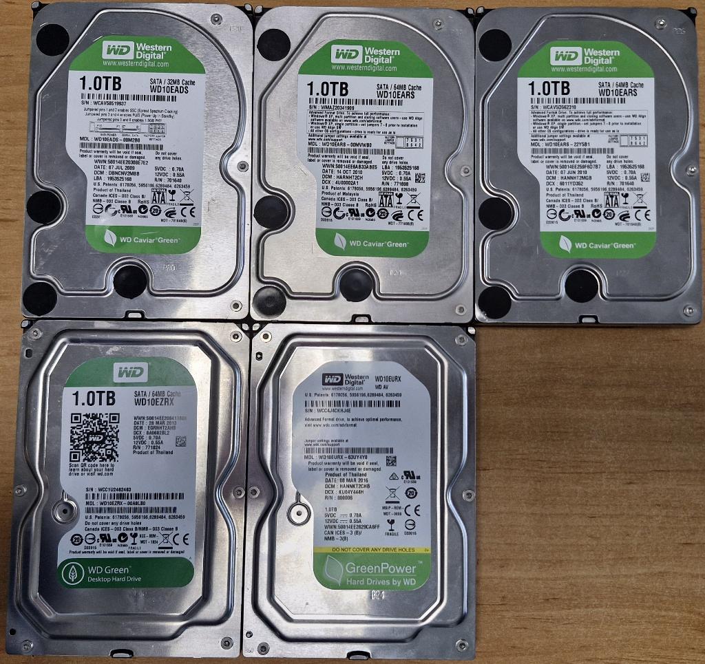 5 x Western Digital Green 1TB, Computers en Software, Harde schijven, Gebruikt, Desktop, Intern, HDD, SATA, Ophalen of Verzenden