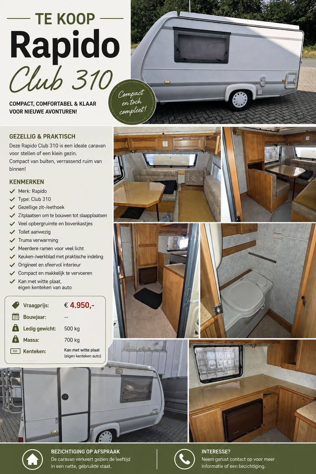 Rapido Caravan nieuw staat Kenteken vrij +fietsendrager, Bedrijf, Treinzit, Rapido, Luifel