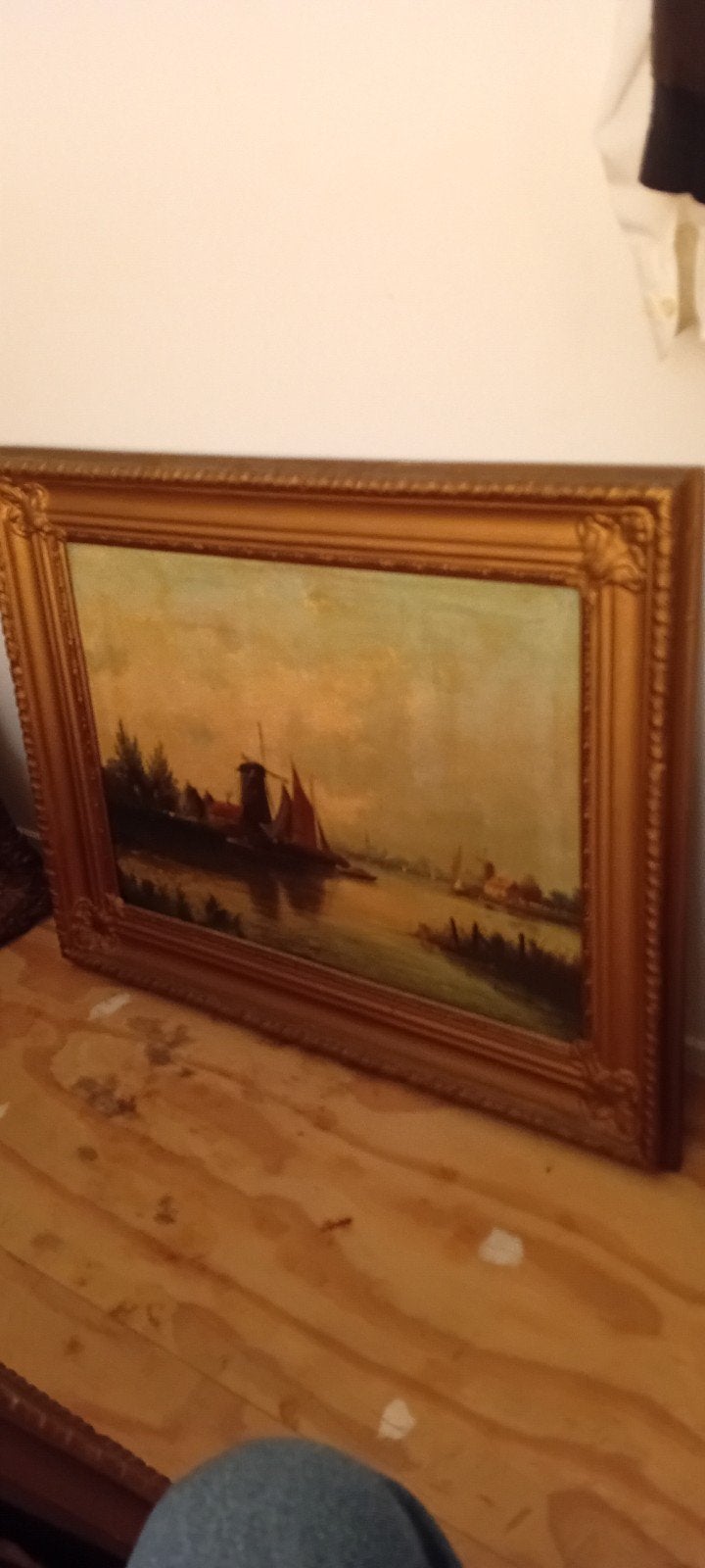 Oud Hollands Landschap Schilderij met Molen en Boten, Ophalen