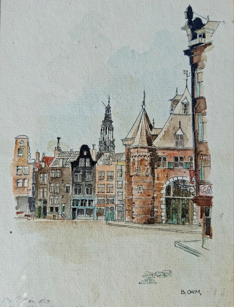 100 jaar oude aquarel Nieuwmarkt Amsterdam, gesigneerd B. OH, Antiek en Kunst, Ophalen of Verzenden