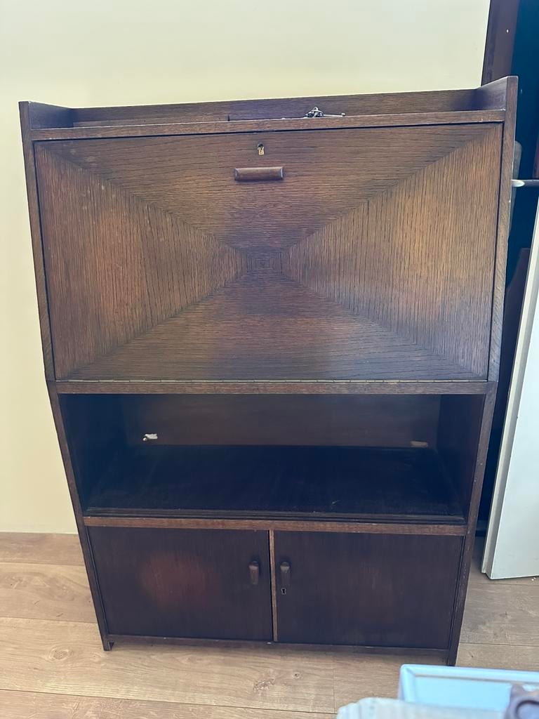 Vintage donkerbruine secretaire bureau met klep met sleutels, Ophalen, Gebruikt, Vintage secretaire