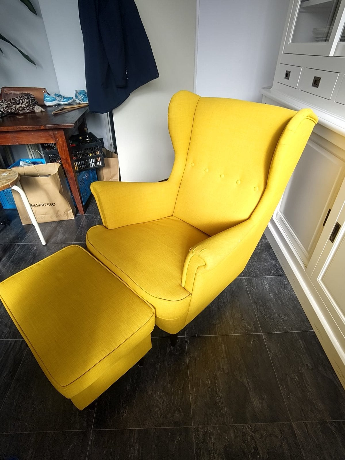 IKEA Fauteuil met Voetenbankje - Geel, Ophalen, Gebruikt, Stof, 75 tot 100 cm