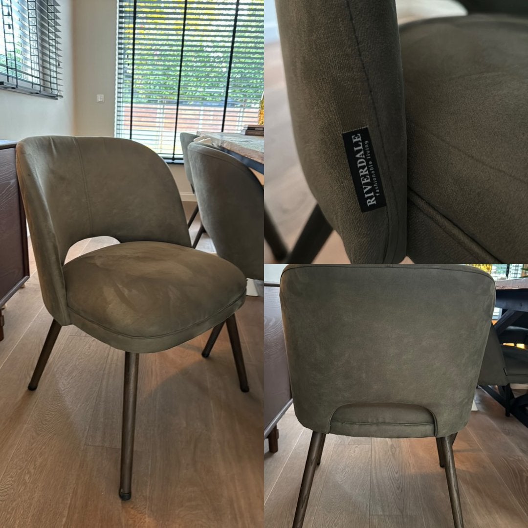 Groene suede Riverdale eetkamerstoel (6 stuks), Overige materialen, Gebruikt, Overige kleuren, Ophalen of Verzenden