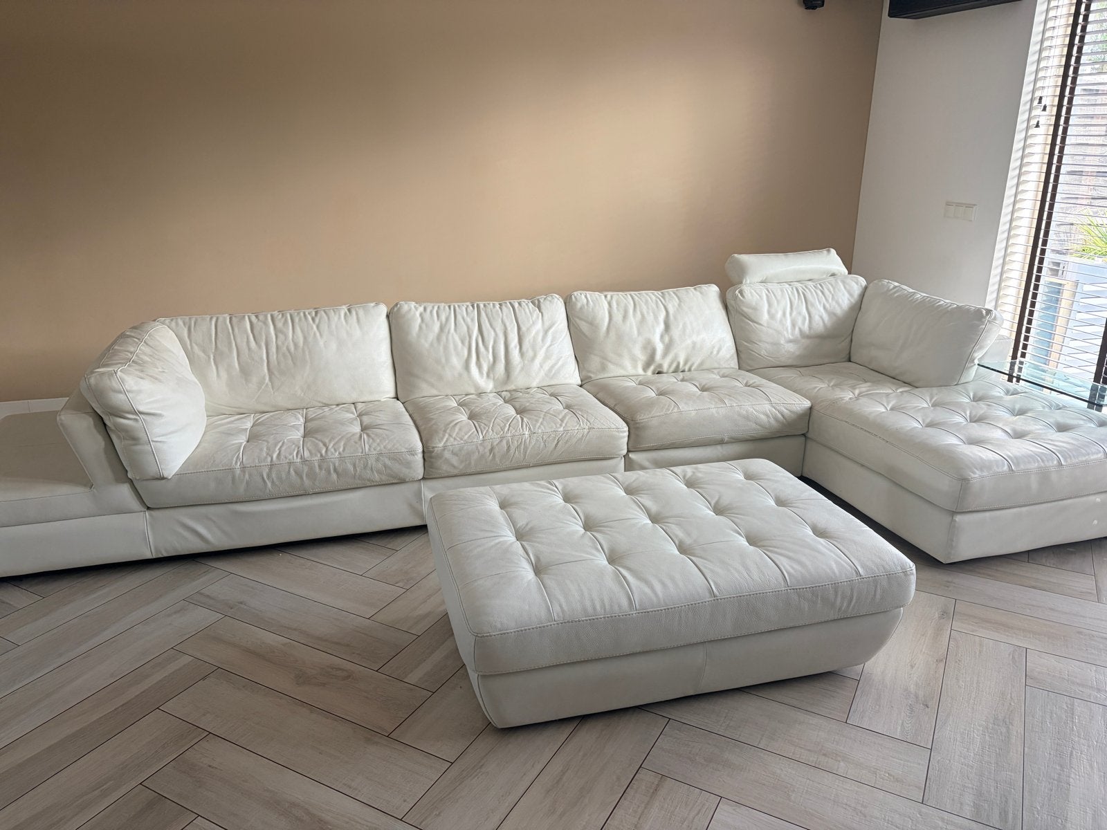 Leren hoekbank met chaise longue en poef - Gebruikt, Ophalen, Gebruikt, Hoekbank, 300 cm of meer