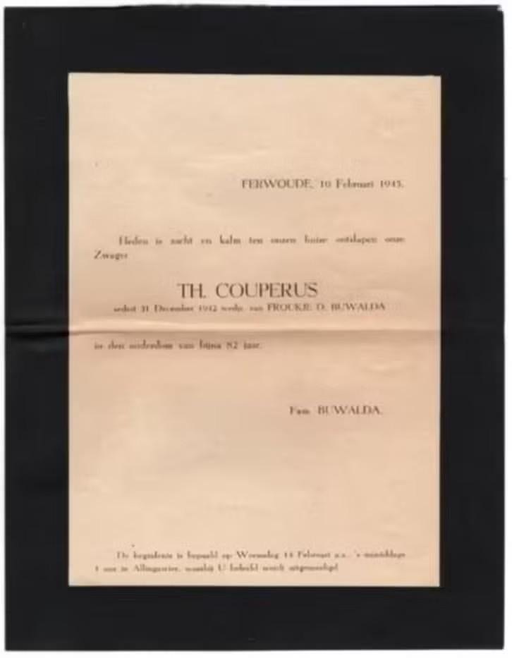 Rouwbrief Ferwoude Allingawier Couperus Buwalda 1945., Ophalen of Verzenden, Rouwkaart