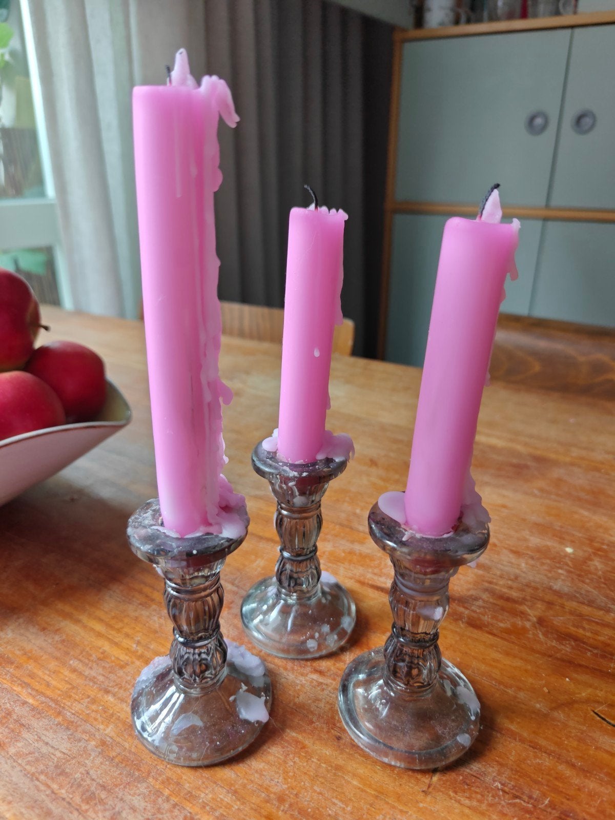Roze kaarsen in glazen kandelaars - Set van 3, Gebruikt, Was, Ophalen of Verzenden, Roze