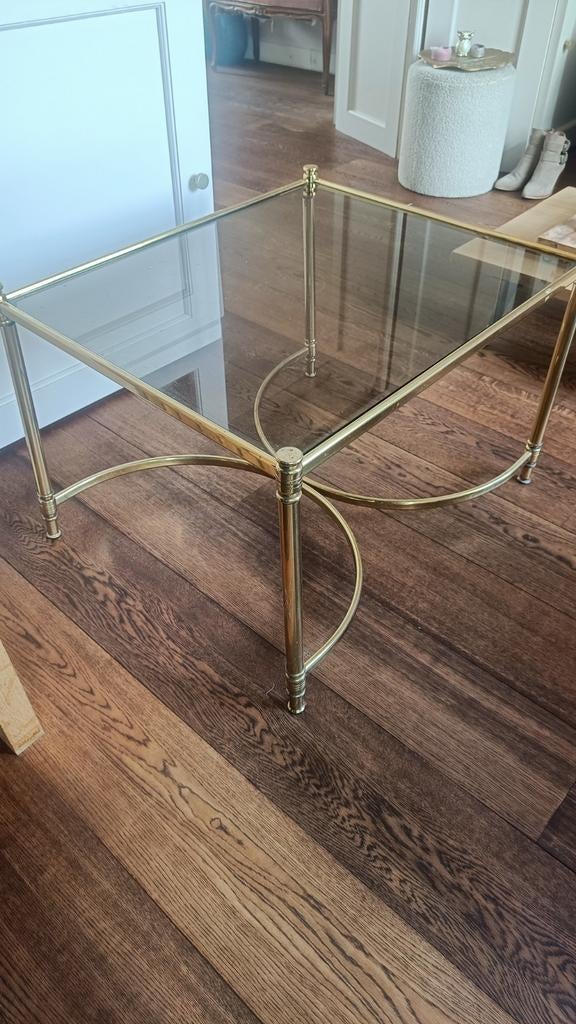 Hollywood Regency Glazen salontafel met gouden messing frame, Huis en Inrichting, Tafels | Salontafels, Ophalen, Gebruikt, 50 tot 100 cm