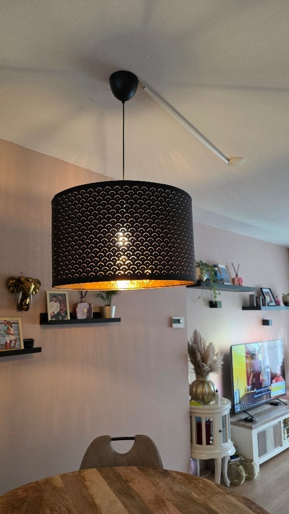Eettafel lamp, Ophalen, Zo goed als nieuw, Fluweel zwart goud, E27 (groot)