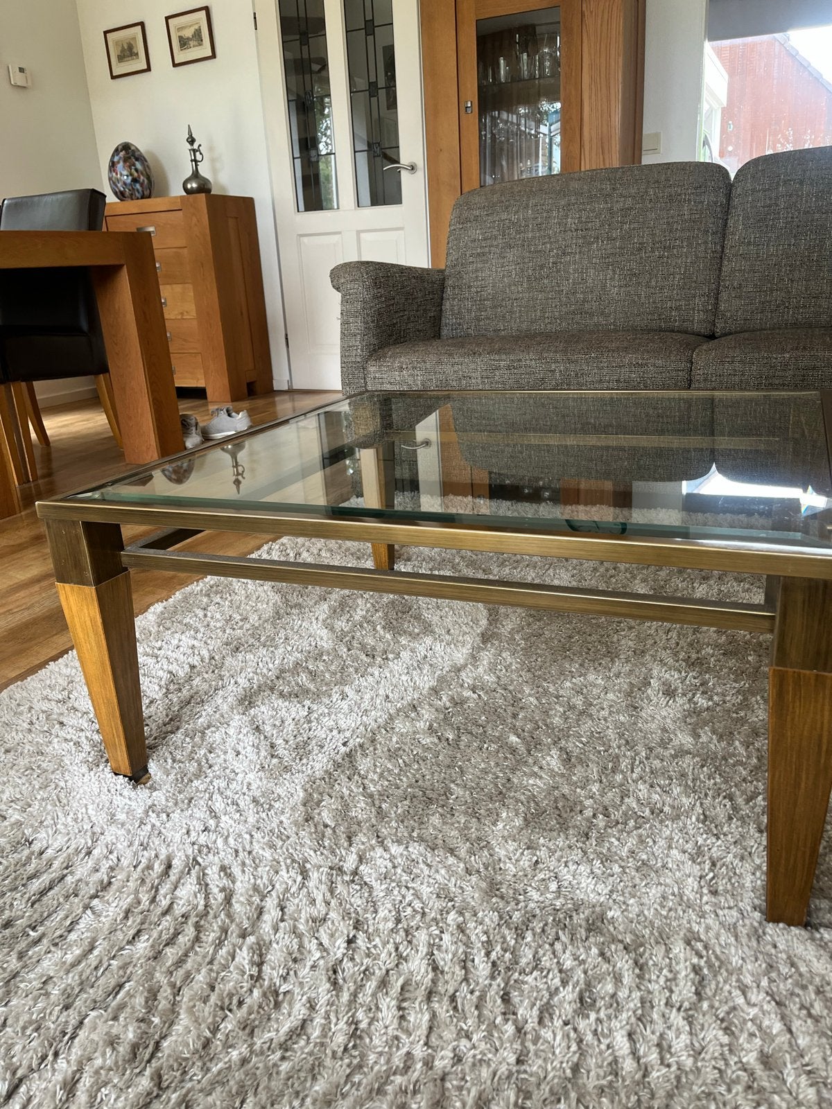 Gratis Messing salontafel met glazen blad - 85x85x40 cm, Ophalen, Gebruikt, Vierkant, 50 tot 100 cm