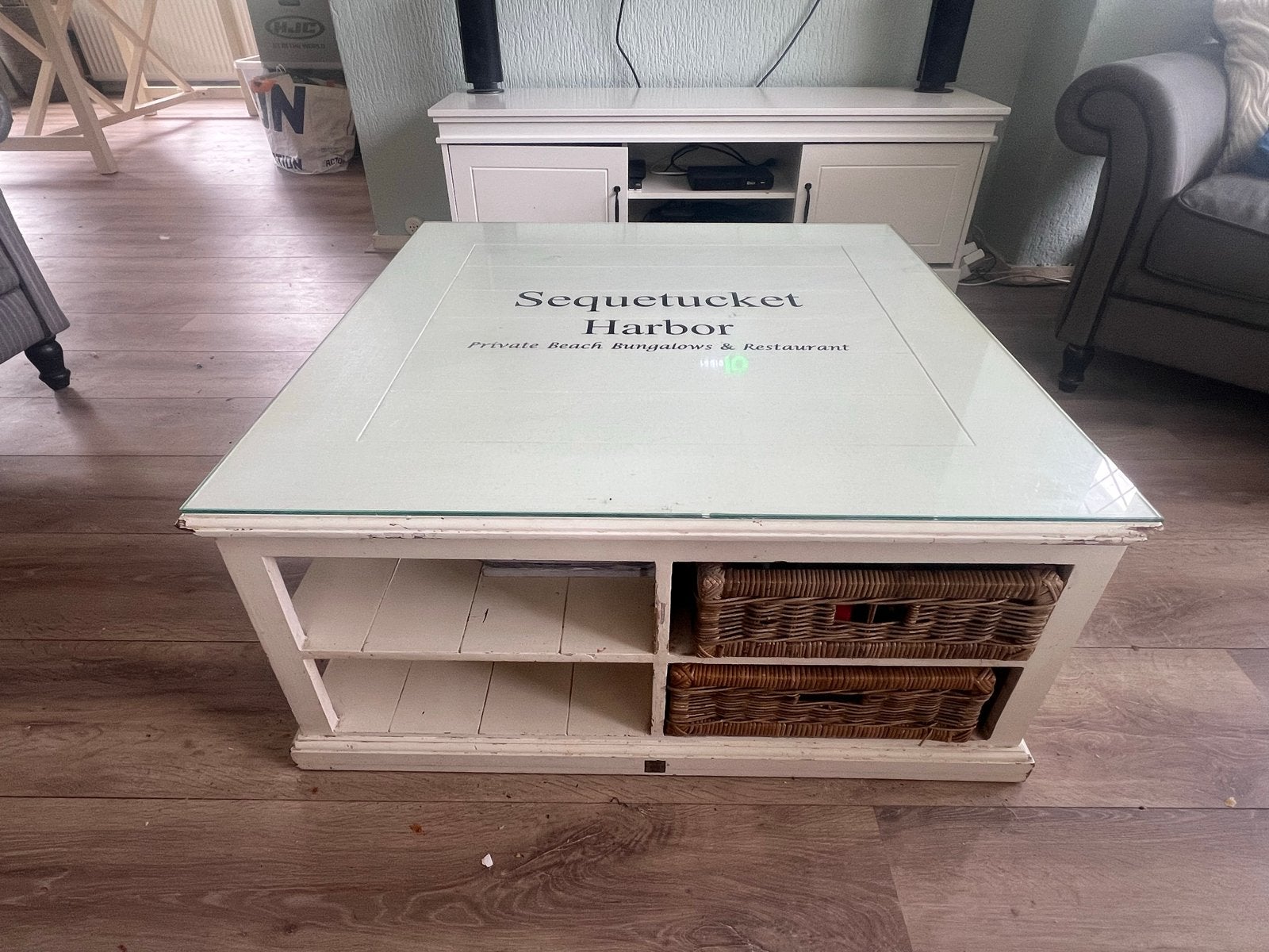 Rivièra Maison salontafel 1x1m met glasplaat, Huis en Inrichting, Gebruikt, Vierkant, Overige houtsoorten, 50 tot 100 cm