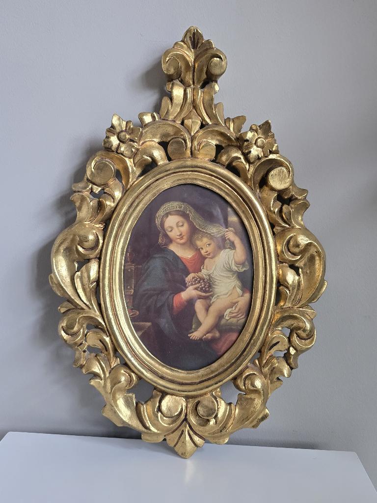 Prachtige Madonna met Kind in gesneden barokke houten lijst, Antiek en Kunst, Antiek | Religie, Ophalen of Verzenden