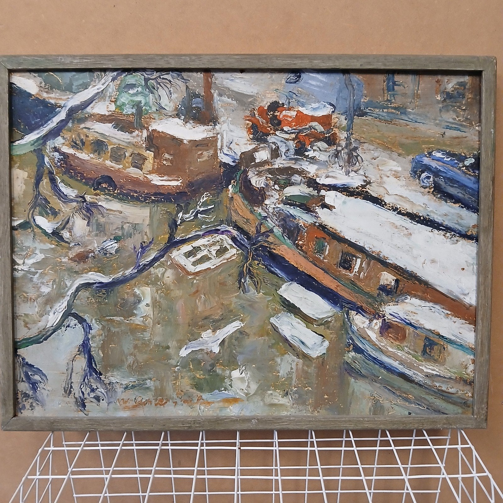 Olieverfschilderij Stadsgezicht met Boten - Gesigneerd, Doek, Impressionistisch, Ophalen of Verzenden, Stads- / dorpsgezicht