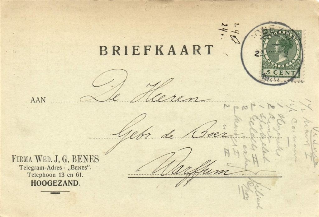 Firma Wed. J.G. Benes, Hoogezand - 12.1925 - briefkaart, Ophalen of Verzenden, Briefkaart