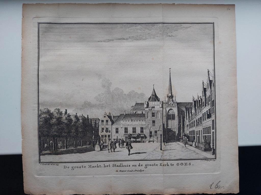16 Groote Markt Stadhuis en Groote Kerk Goed. Gravure 1745, Ophalen of Verzenden