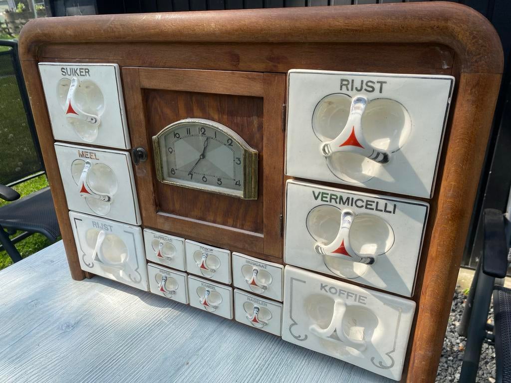 Antiek Art Deco Keukenrek kruidenrek Voorraadpotten en Klok, Antiek en Kunst, Ophalen of Verzenden