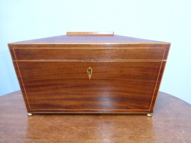 Mahonie tea caddy met koperen handvatten 19e eeuw., Ophalen of Verzenden
