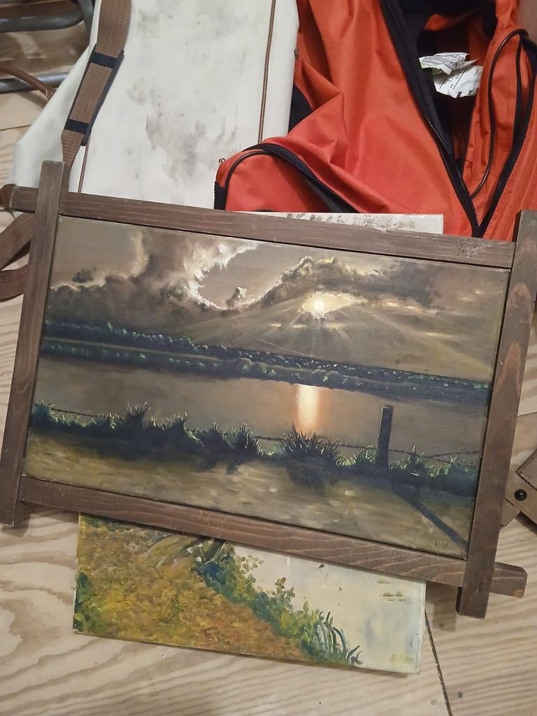 Schilderij met zonsondergang/zonsopgang boven water, Ophalen of Verzenden
