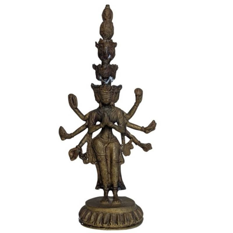 Bronzen Avalokiteshvara beeld met elf hoofden – 054, Gebruikt, Ophalen of Verzenden, 30 cm, Goud