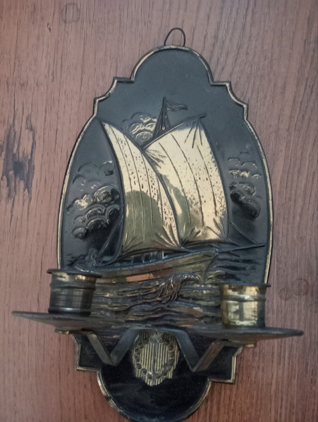 Vintage koperen of messing wandkandelaar met zeilschip, Ophalen of Verzenden, Koper