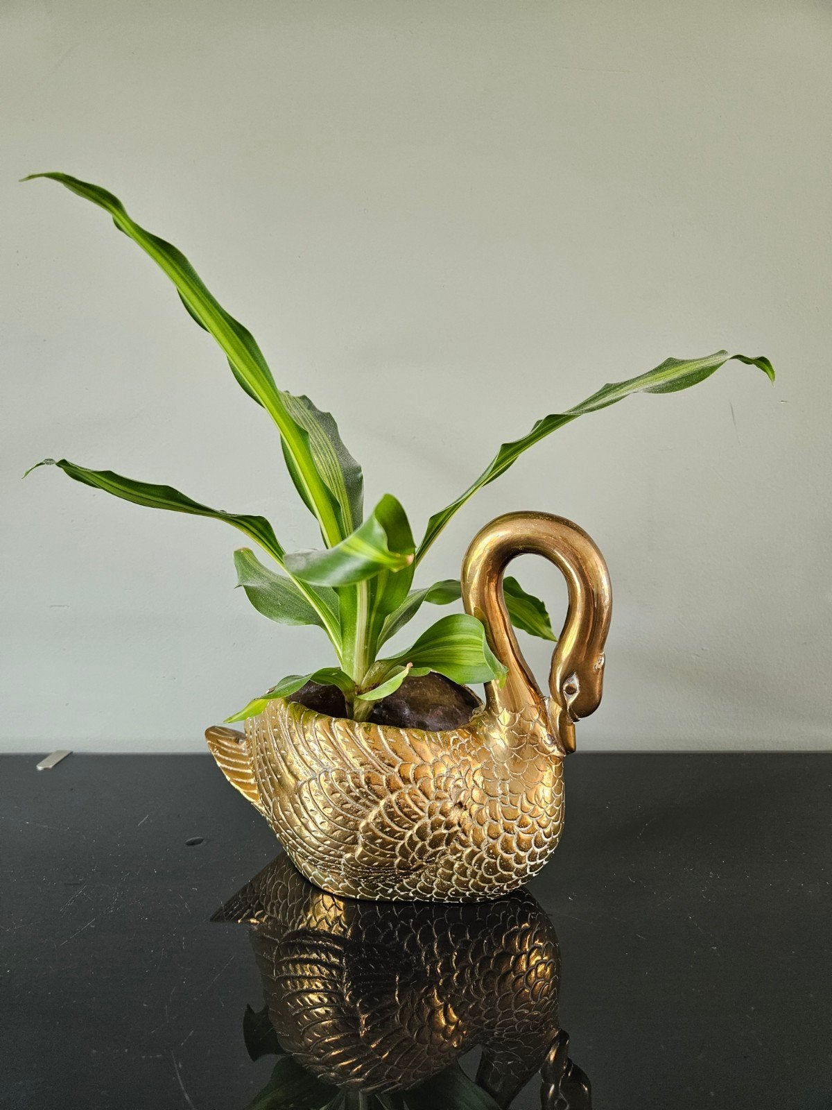 Vintage messing zwaan plantenbak / bloempot, Tuin en Terras, Bloempotten, Gebruikt, Metaal, Binnen, Minder dan 40 cm, Minder dan 25 cm