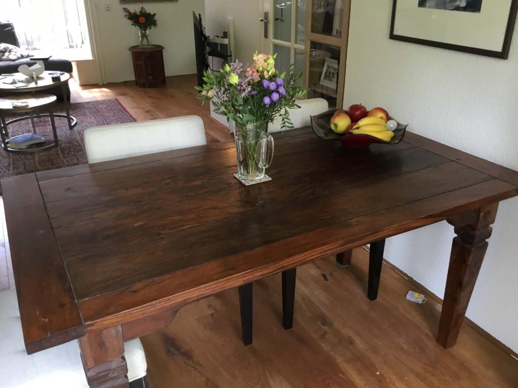 Zware teakhouten eettafel van zeer mooie kwaliteit, Ophalen, 200 cm of meer, 50 tot 100 cm, Zo goed als nieuw