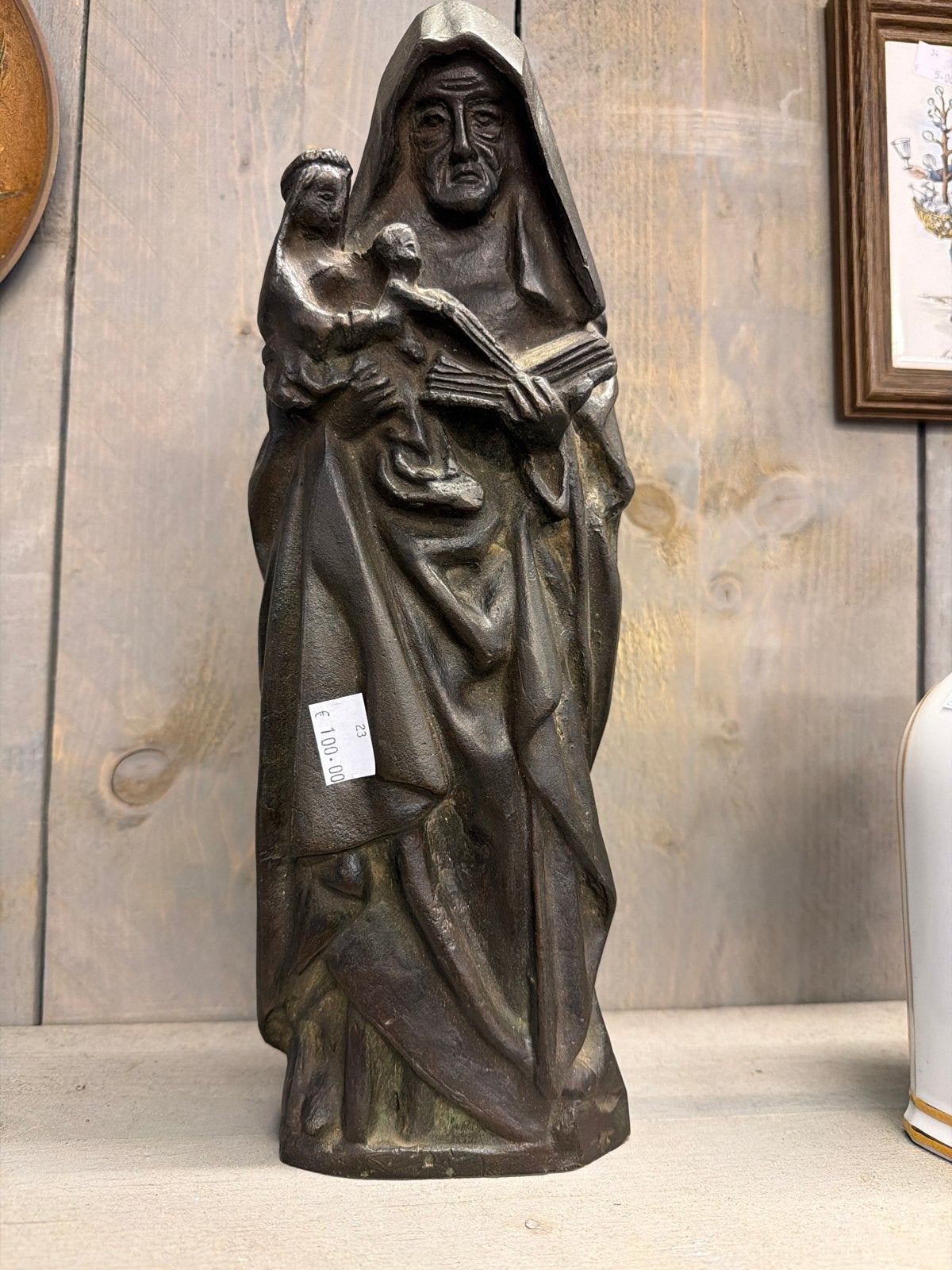 Antiek Bronzen Beeld: Maria met Kind en Boek, Ophalen, 20 - 50 cm, Beeld, Bruin