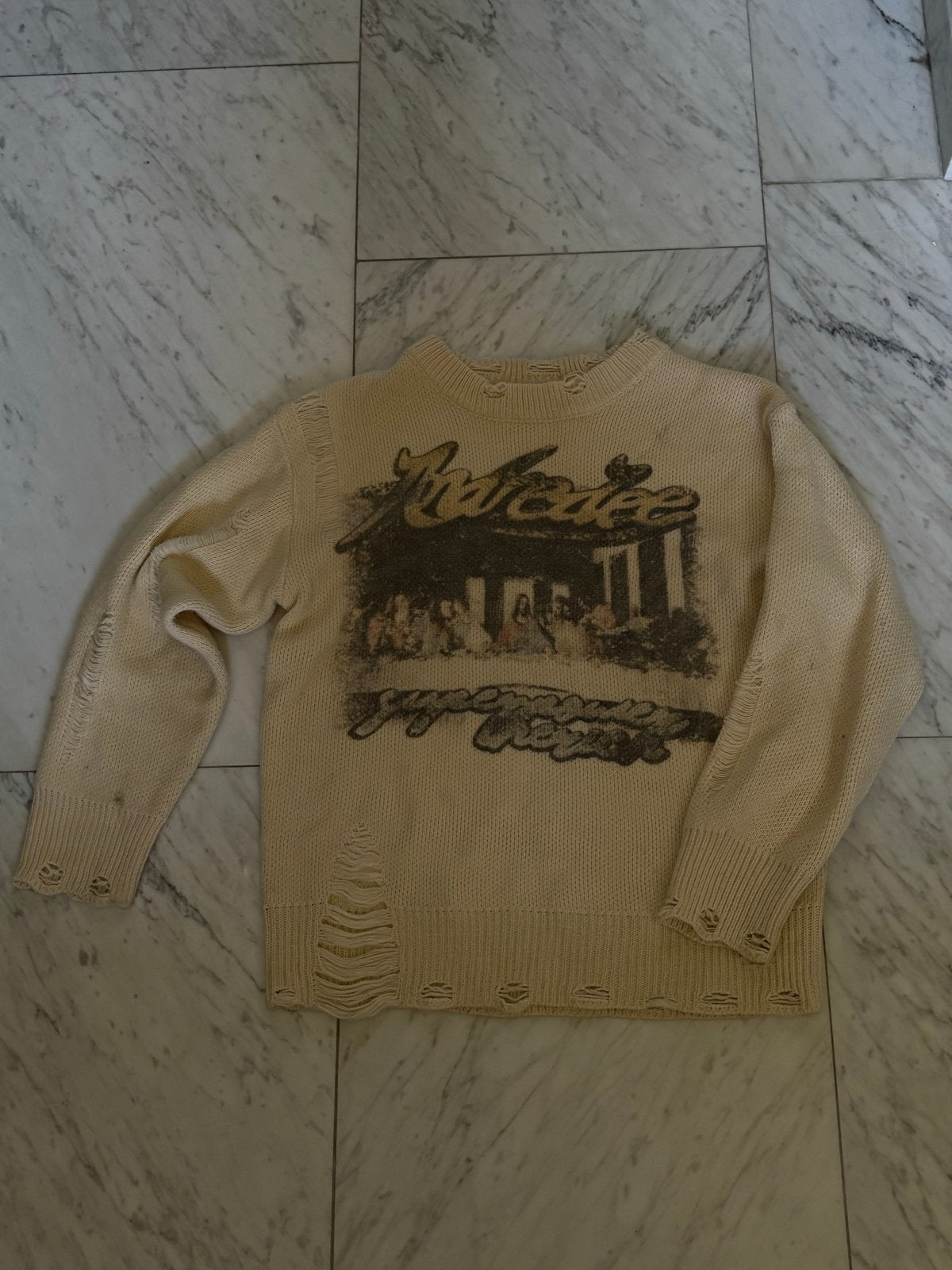 Vintage Stijl Gebreide Trui met Distressed Details, Kleding | Heren, Ophalen of Verzenden, Zo goed als nieuw, Maat 48/50 (M), Beige