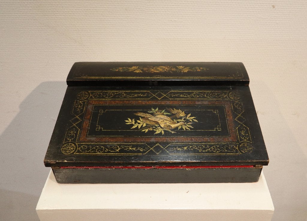 Antiek zwartgelakt schrijfkistje, opbergkistje, Ophalen of Verzenden
