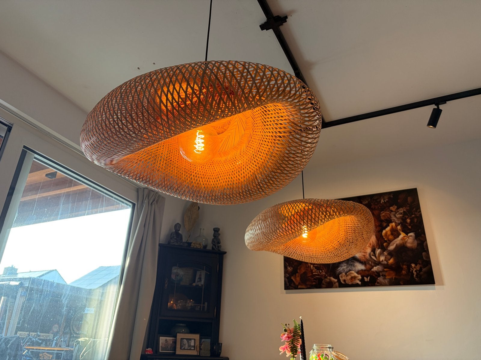 Rotan Hanglampen - Organische Vorm (Set van 2), Ophalen, Zo goed als nieuw, Natuurlijk materiaal, E27 (groot)