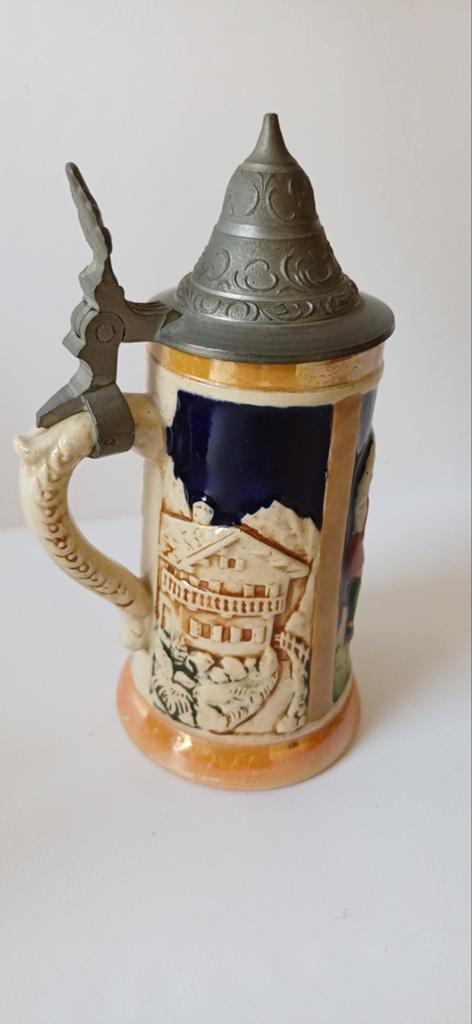 Vintage Duitse Bierpul met Tin Deksel - Scènes van Dansers, Verzenden