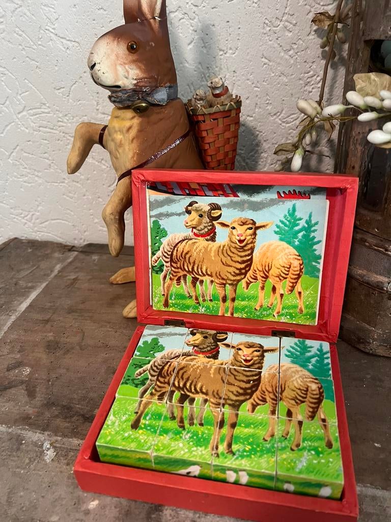 Oude blokkendoos puzzel schaap kip kuiken koe brocante, Antiek en Kunst, Antiek | Speelgoed, Ophalen of Verzenden