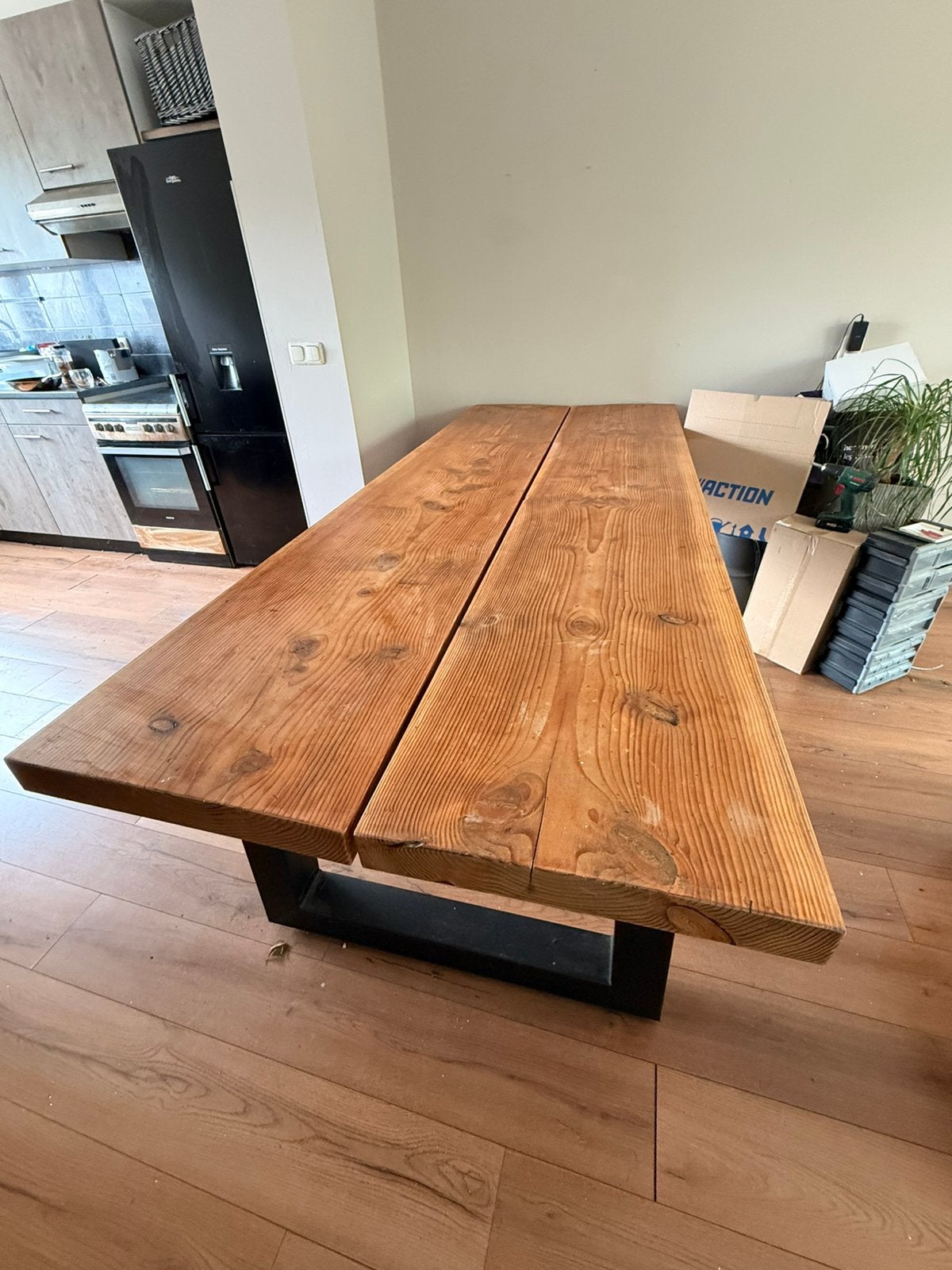 Massief houten eettafel (Industrieel - XL), Huis en Inrichting, Tafels | Eettafels, 200 cm of meer, Zo goed als nieuw, Rechthoekig