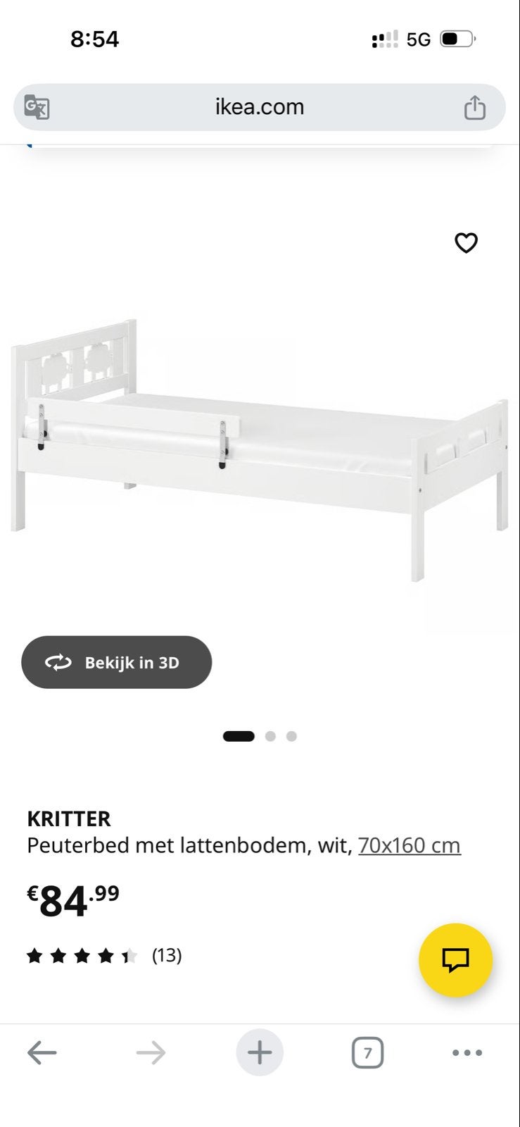 IKEA KRITTER Peuterbed met lattenbodem en matras, wit, Gebruikt, 70 tot 85 cm, Lattenbodem, 140 tot 160 cm