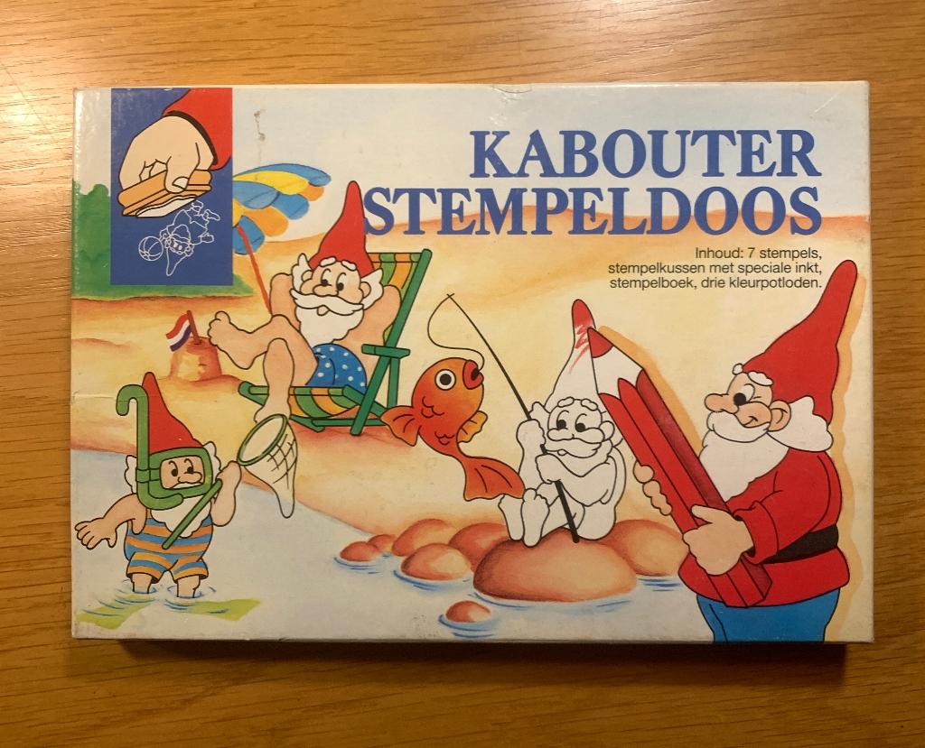 Kabouter Stempeldoos stempelset stempels vintage, Hobby en Vrije tijd, Ophalen of Verzenden, Gebruikt, Houten stempel