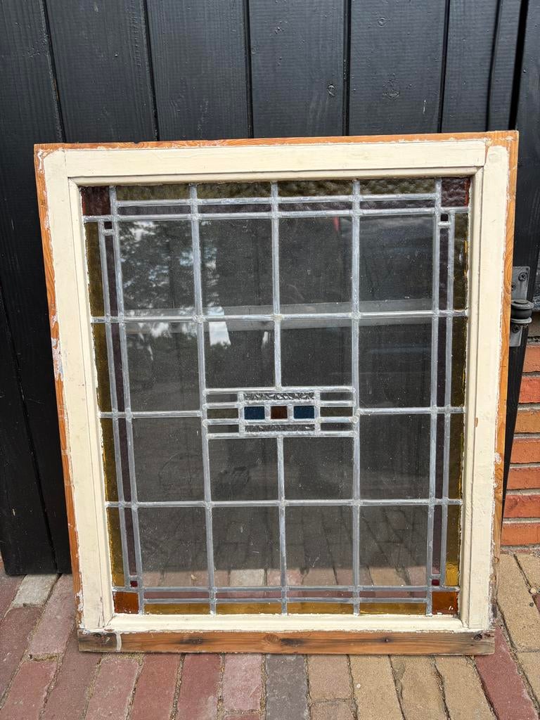 Glas-in-lood raam inclusief kozijn, Doe-het-zelf en Verbouw, Glas en Ramen, Ophalen, Gevelraam of Ruit, Gebruikt, Minder dan 80 cm