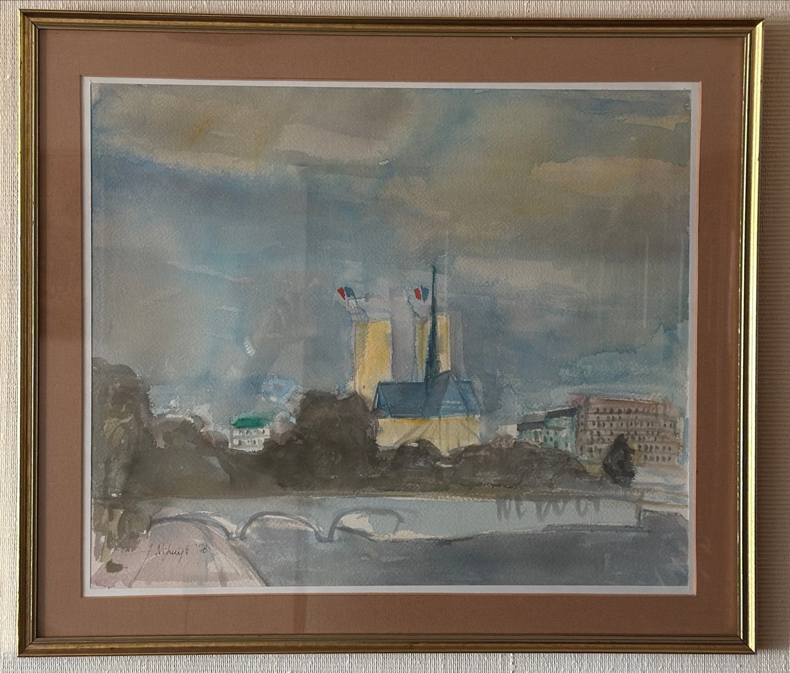 Aquarel "Seine met Notre Dame" - Peter Nijhuijs (1978), Antiek en Kunst, Gedateerd, Realistisch, Ophalen of Verzenden, Aquarel